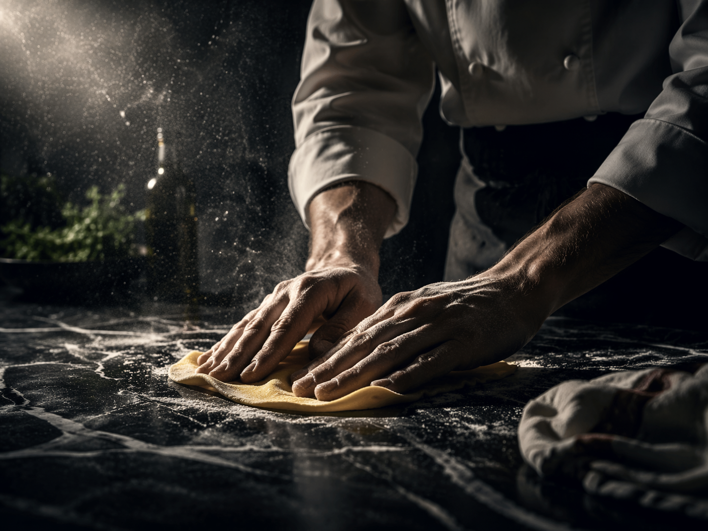 Person cooking in a warm kitchen